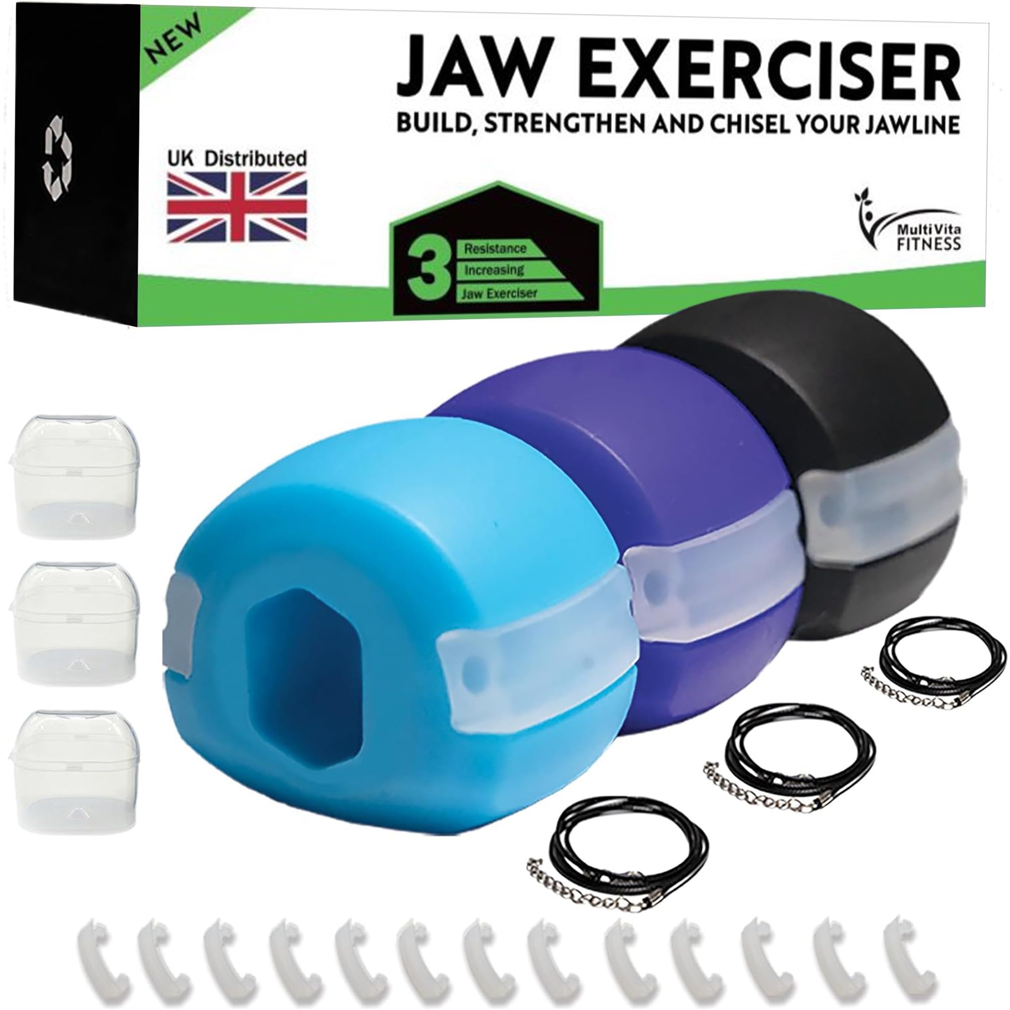 Jaw Exerciser For Men and Women with 3 Resistance Levels & Free Accessories – Pack of 3 Jaw Trainer & Face Exerciser For Double Chin Removal – Chisel & Enhance for a Stronger Jawline & Facial Fitness