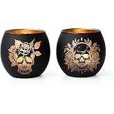 Gothic Decor Rose Skull Glass Candle Holders – 2PCS Black Small Tealight Votive Candle Holders, Dark Halloween Table Decor Gift