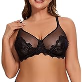 Minimizer Bras for Women, Sexy Lace Unlined Underwire Bra Full Coverage Push Up Sheer Mesh Plus Size Lifting Bra