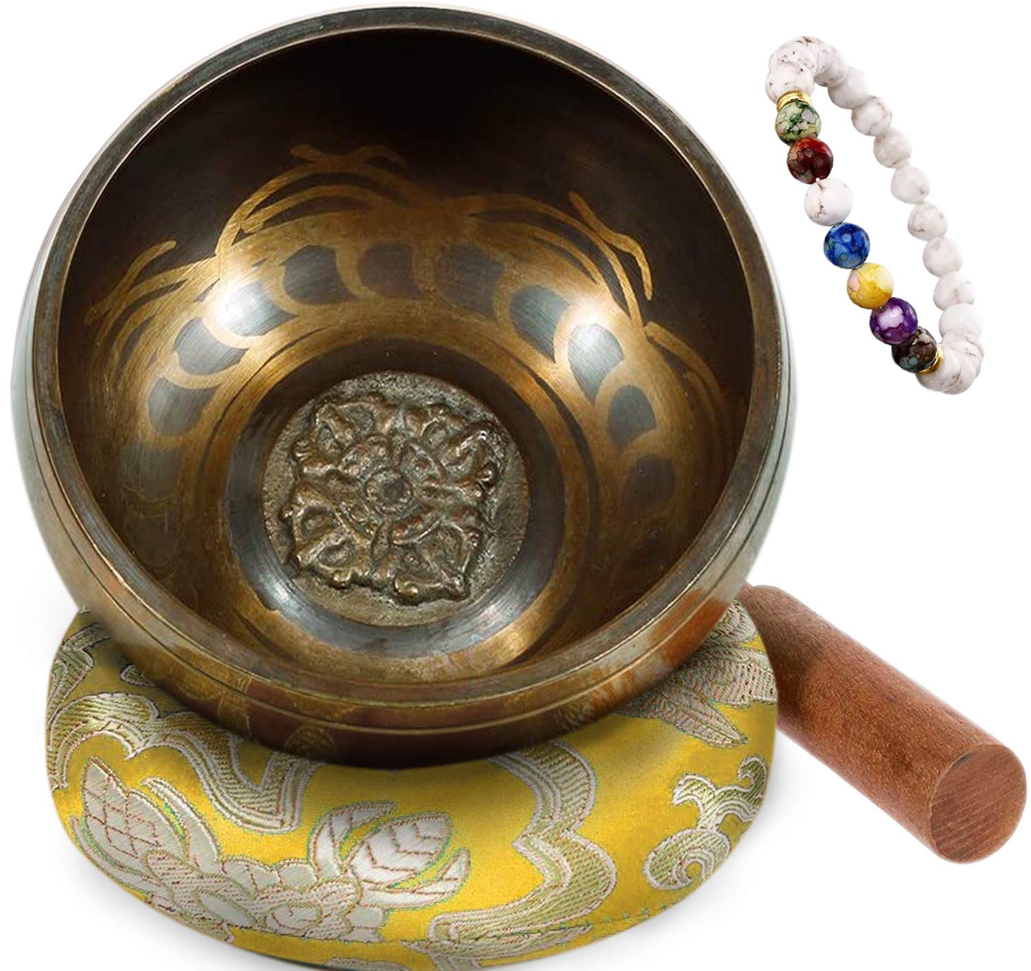 Tibetan Singing Bowl Set Small 8.5 cm with Chakra Bracelet & Clapper & Singing Bowl Cushion from Nepal Singing Bowl for Meditation School Yoga Relaxation - Yellow - Keliti