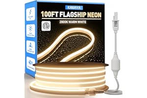 KANAYA 100ft Led Neon Rope Lights Warm White 2800K, ETL Listed 110-120V Lighting Strip IP65 Waterproof, Connectable and Cuttable, for Home Commercial Building Outdoor Indoor Decor