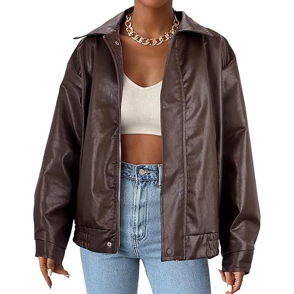Faux Leather Jacket Women Brown Pleather Bomber Jacket Oversized