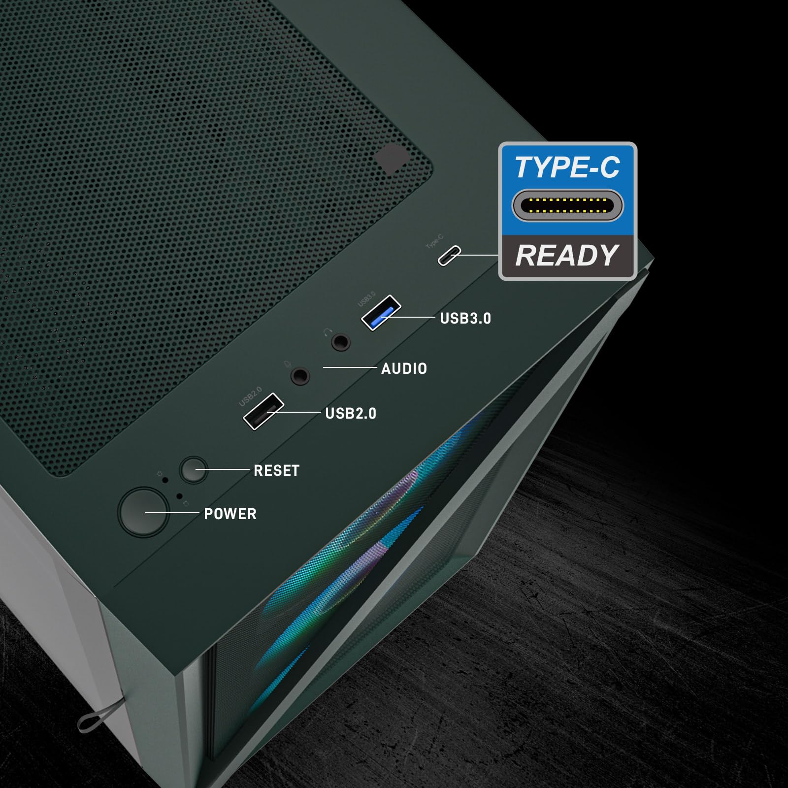Vetroo M05 Micro ATX Computer PC Case with Door Open Tempered Glass Side Panel & Mesh Front Panel, Pre-Installed 120mm ARGB Fan in Rear, Support 240mm Radiator, Type-C Port - Army Green