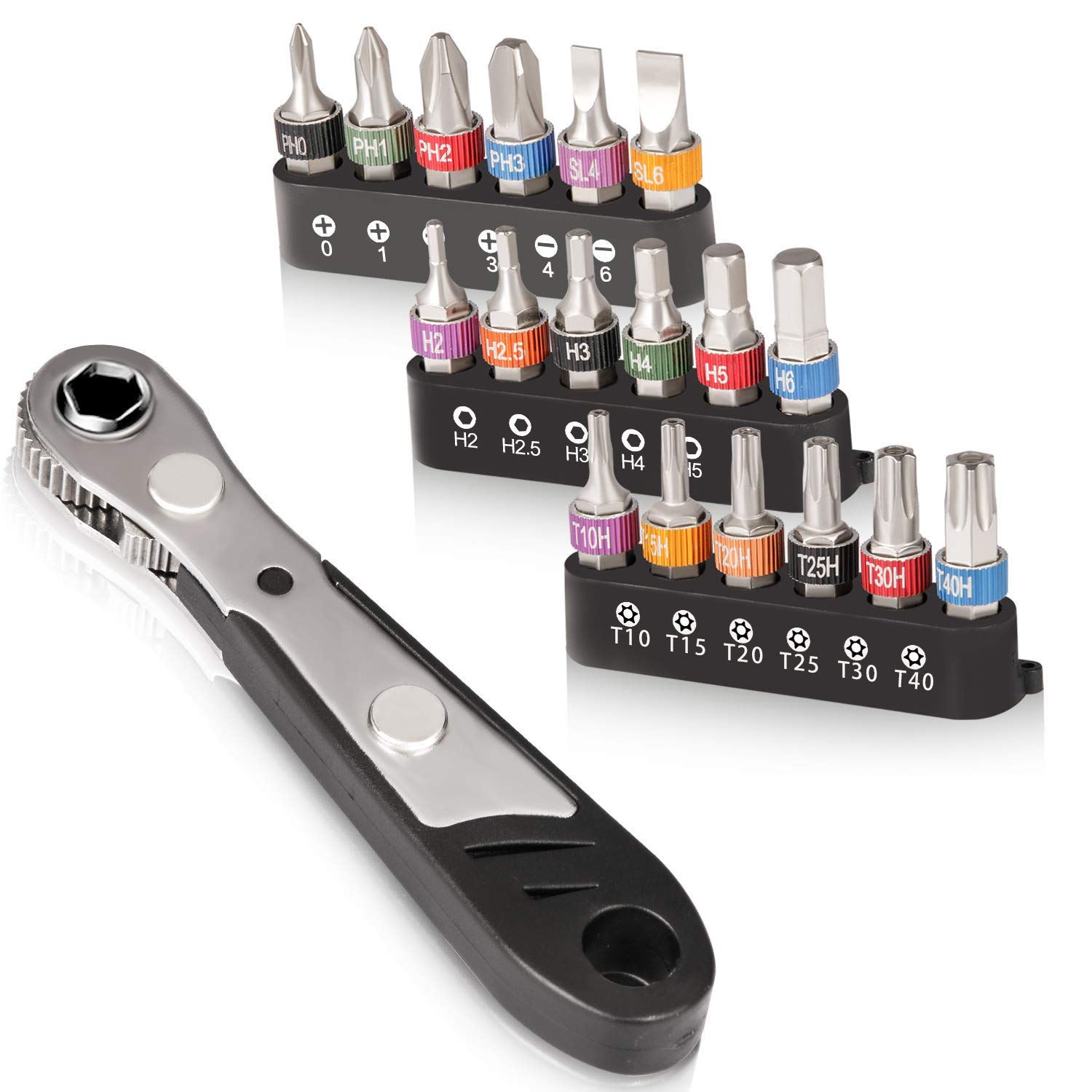 Hakkin 19PCS Mini Ratchet Wrench Screwdriver Bit Set S2 Steel 1/4” Drive 36 Teeth Ratcheting Screwdriver High Torque Offset screwdriver Reversible Drive Handle with Phillips Slotted Hex Torx Star Bits