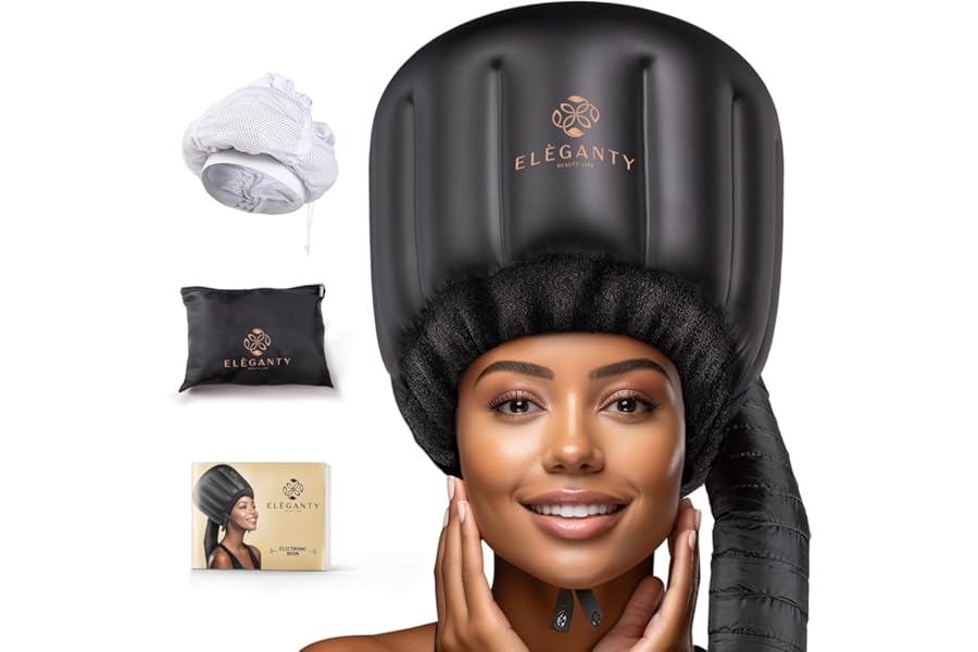 ELEGANTY Soft Bonnet Hood Hairdryer Attachment with Headband that Reduces Heat Around Ears and Neck to Enjoy Long Sessions – Used for Hair Styling, Deep Conditioning and Hair Drying (Black)