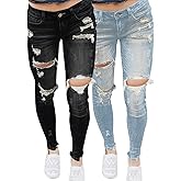 PerZeal Mid Waisted Jeans for Women 2 Piece Stretch Skinny Destroyed Ripped Distressed Denim PantsBlack&Light Blue Small