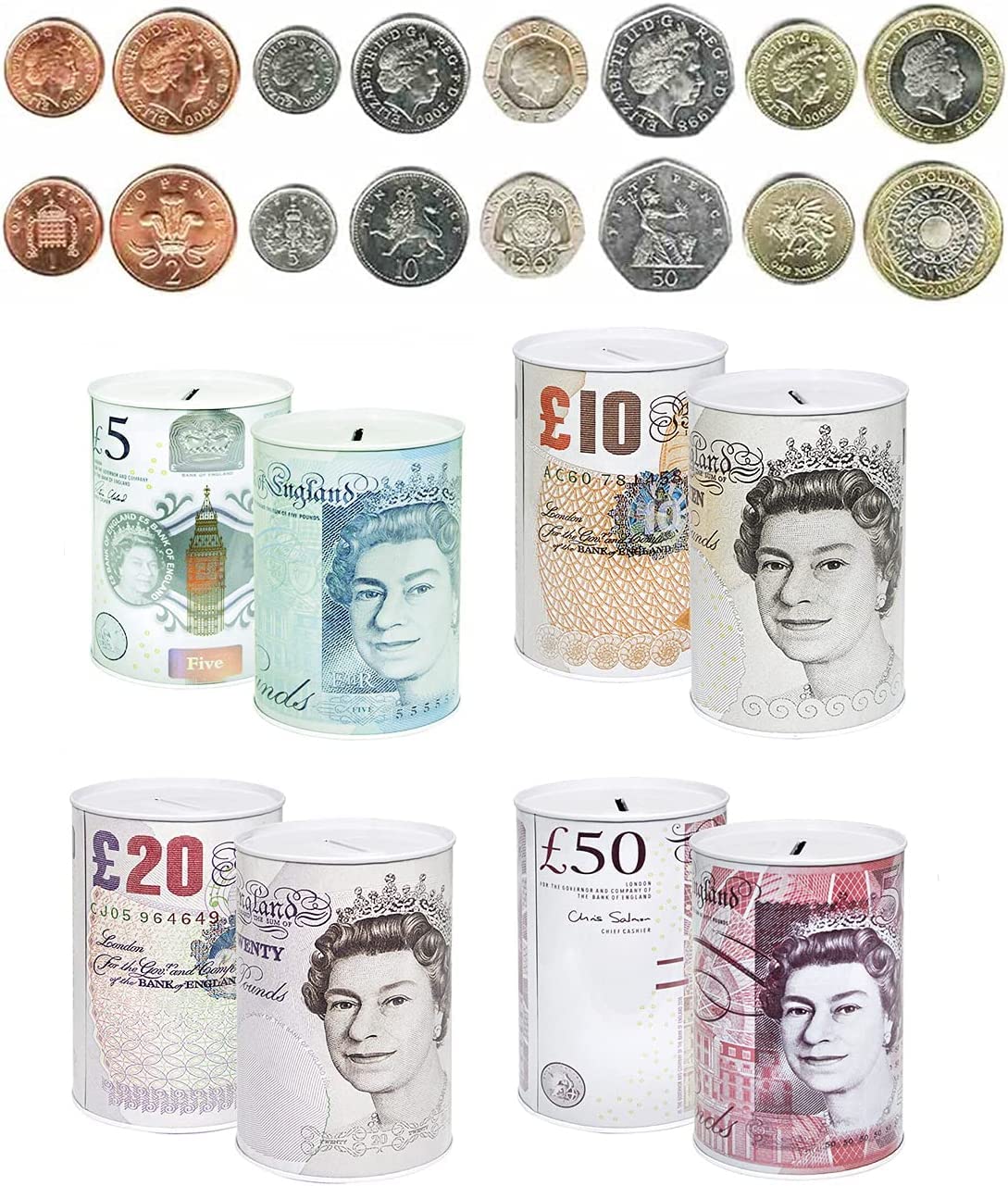 Karrma Ltd. Money Tin Pound Notes Design (10.2–15cm) | Metal Money Saving Box for Coins & Cash | Printed Banknote Design £5 £10 £20 £50 | Secure Piggy Bank | Assorted Random Style