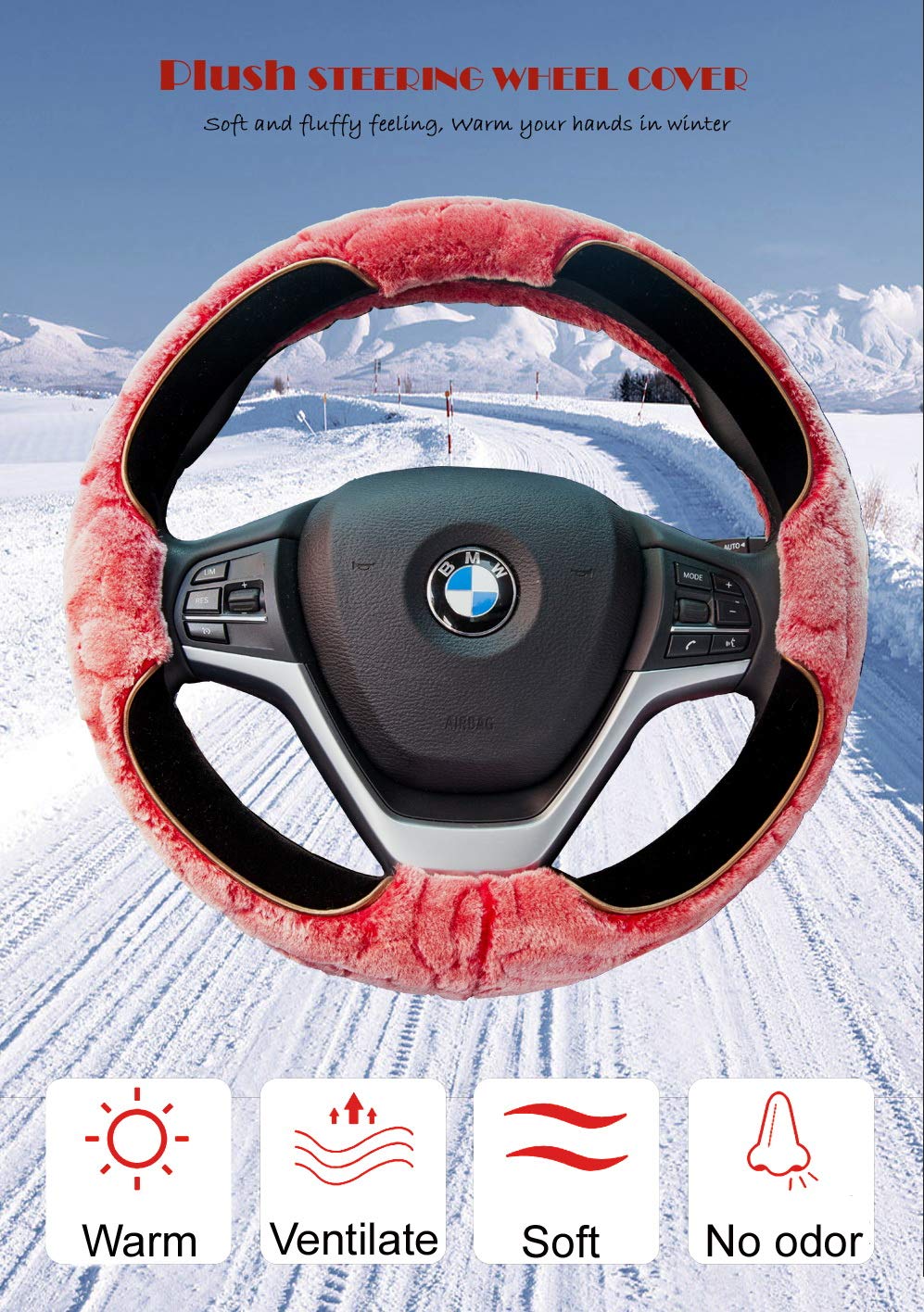 Furry Steering Wheel Cover 15 Inch Faux Wool Soft Fur Warm Winter Universal for Auto Car SUV (Short Plush, Red)
