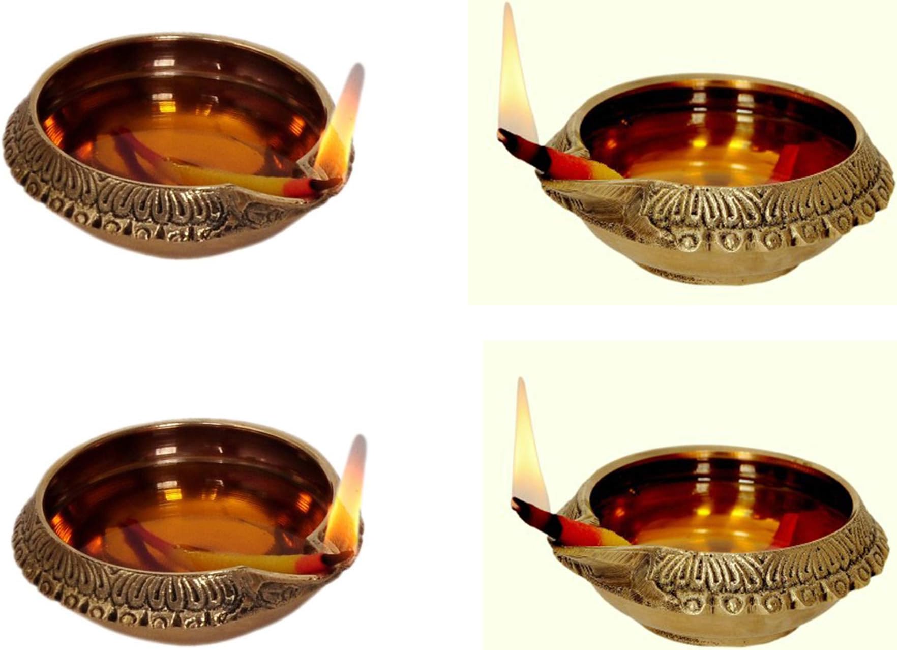 Artcollectibles IndiaSet Of 4 Brass Lamps Oil Diyas Diya Kuber For Hindu Puja Diwali Religious Christmas Lighting