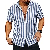 Runcati Mens Striped Button Down Shirts Casual Short Sleeve Linen Shirt Summer Beach Vacation Tops
