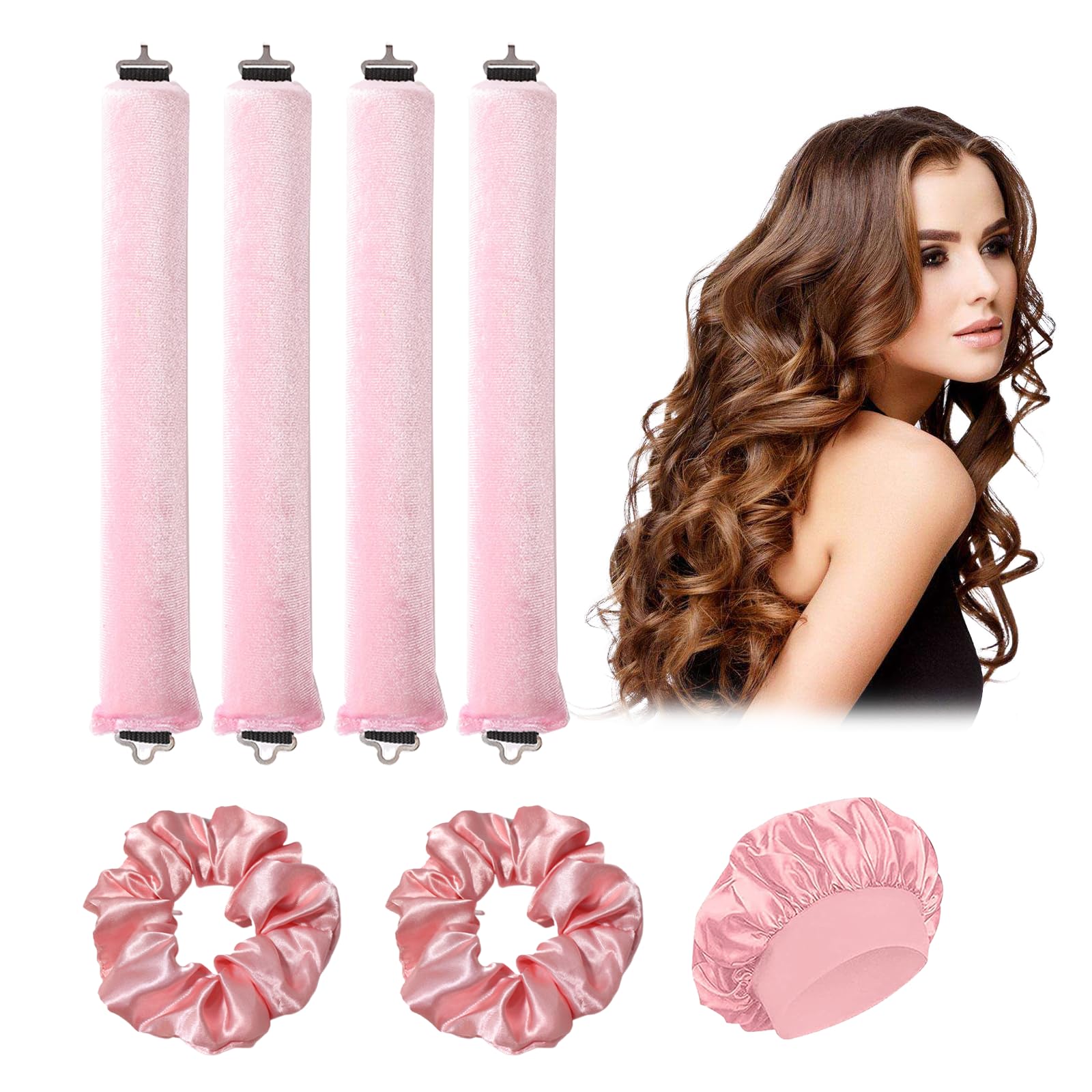 Benaewa 4 Pcs Heatless Curling Rods, Overnight Blowout Rod with Hairnet and 2pcs Hairband, Soft Velvet Flexi Rods With Hook (Pink)