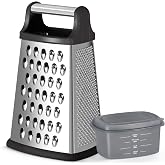 Ourokhome Cheese Grater, Handheld Box Grater with Container &amp; Lid, 4-Sided Stainless Steel for Kitchen, Wavy Julienne, Slicer, Coarse Shred &amp; Fine Zester, Non-Slip Base, Dishwasher Safe, 8 Inch