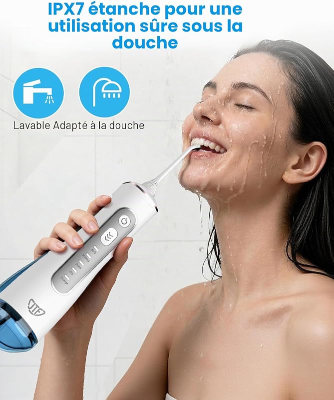 Jet Dentaire Hydropulseur Oral - 300 ML Sans Fil Irrigateur, 3+1 Modes, Étanche IPX7 Water Flosser, Idéal pour Orthodontie, Appareil Dentaire, Gencives Sensibles Maison et Les Voyages(Blanc)