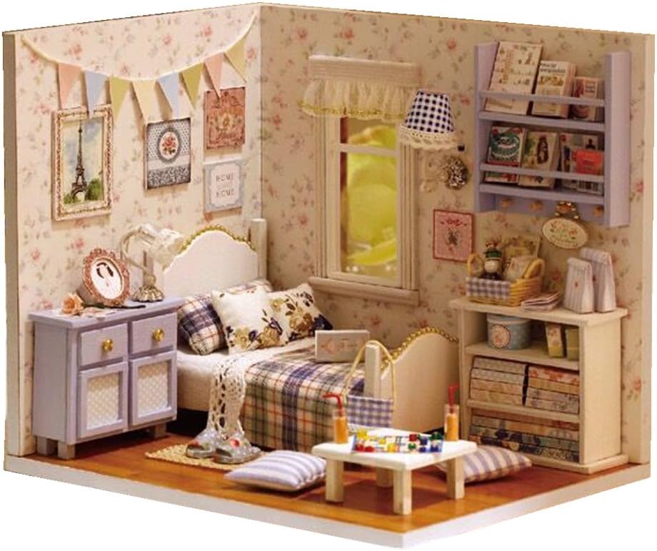 QTFHR Cute Dollhouse Miniature DIY House Mini Creative Room with Furniture Plus Dust Proof Cover DIY Romantic Gift (Blue)