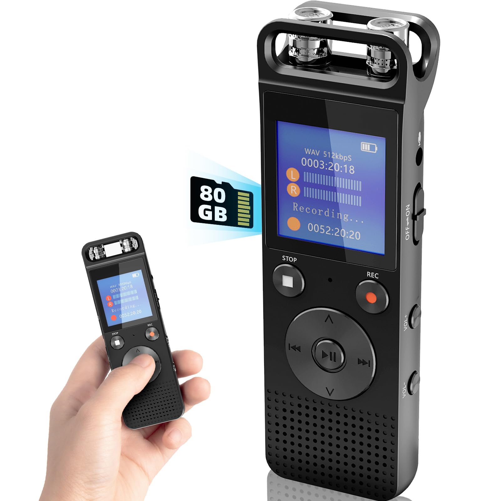 Hinne 80G Digital Voice Recorders-Voice Activated Password Dictaphone 3072Kpbs HD 720° Surround Microphone Recording Device with Headphone, Data Cable for Personal memo, Meeting, Speech (Black)