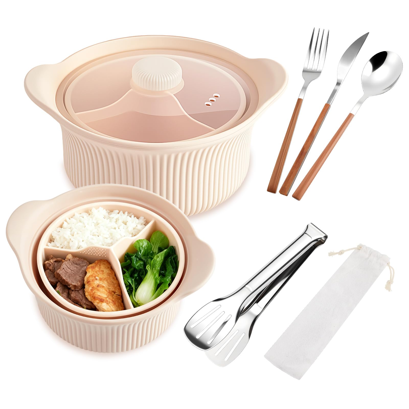 Photo 1 of 42oz Microwave 3 Compartment Silicone Steamer Sets Food Grade with Stainless Steel Tongs, Fork, Spoon, Knife and a Cutlery Bag Beige Microwave Rice Vegetable Pot with Handle & Lid, Dishwasher Safe