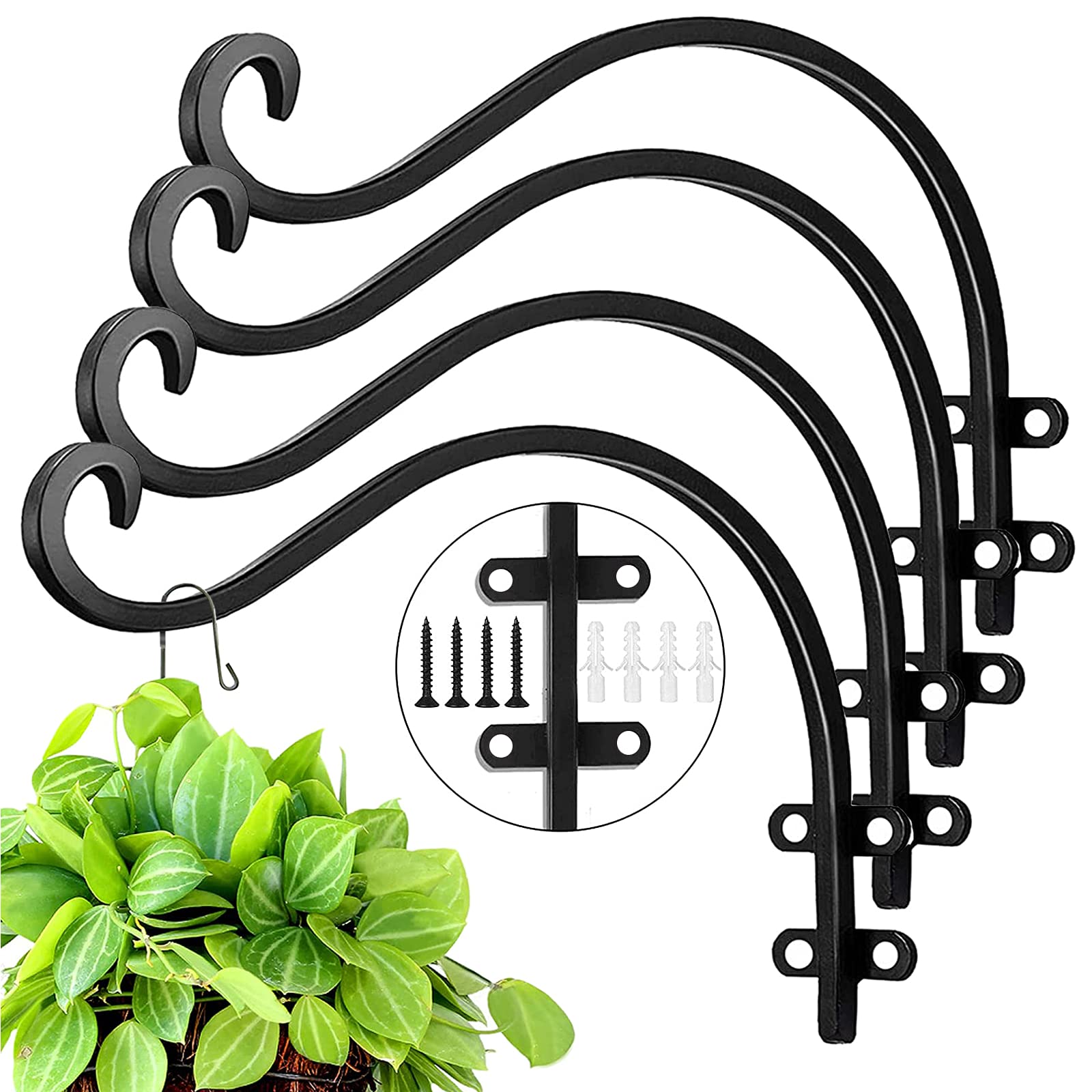 Evadow 4 Pack 12Inch Hanging Basket Brackets for Outdoor, Heavy Duty Metal Wall Planter Hanger Garden Hanging Flower Basket Bracket for Flowerpots, Bird Feeder, Wind Chime, Lanterns