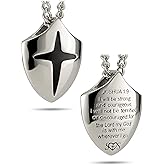 Shields of Strength Cross Shield Necklace - Inscribed with Joshua 1:9 Scripture, Stainless Steel Pendant for Courage and Faith