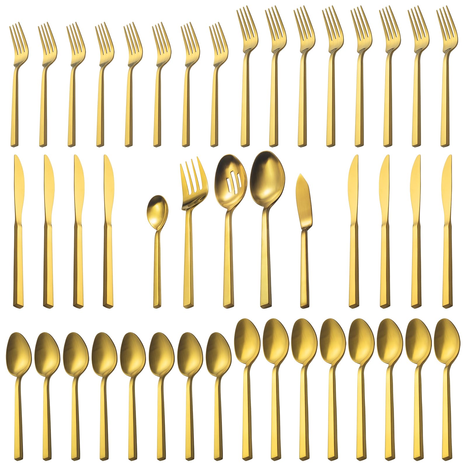Photo 1 of Alata Cube Gold 45-Piece Flatware Set, Forged Cutlery Set, Matte Gold Silverware Service for 8, Stainless Steel Tableware with Square Handle for Home/Restaurant, Dishwasher Safe