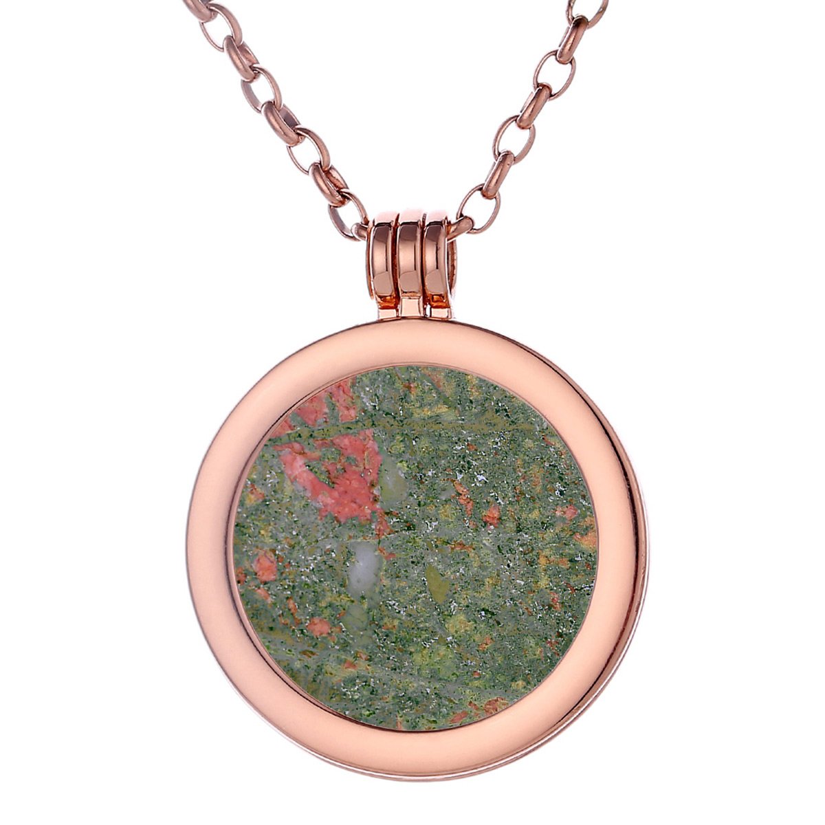 Morella Women Necklace 70 cm 27.5" Stainless Steel Rose Gold and Pendant with Gemstone unakite Coin 33 mm 1.3" Chakra Plate in Velvet Bag