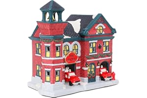 Wonder Solar Gingerbread Christmas Village Houses 7.9" Ceramic Gingerbread Christmas Firestation Village Sets Firefighter Birthday Party Decorations Holiday Home Decor Multicolored