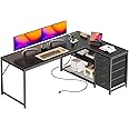 PRAISUN 61" L Shaped Desk with Power Outlets and USB-C Port, Reversible Computer Corner Office Desk with 4 Fabric Drawers and 2 Height-Adjustable Shelves, Large for Gaming Writing Work Study，Black