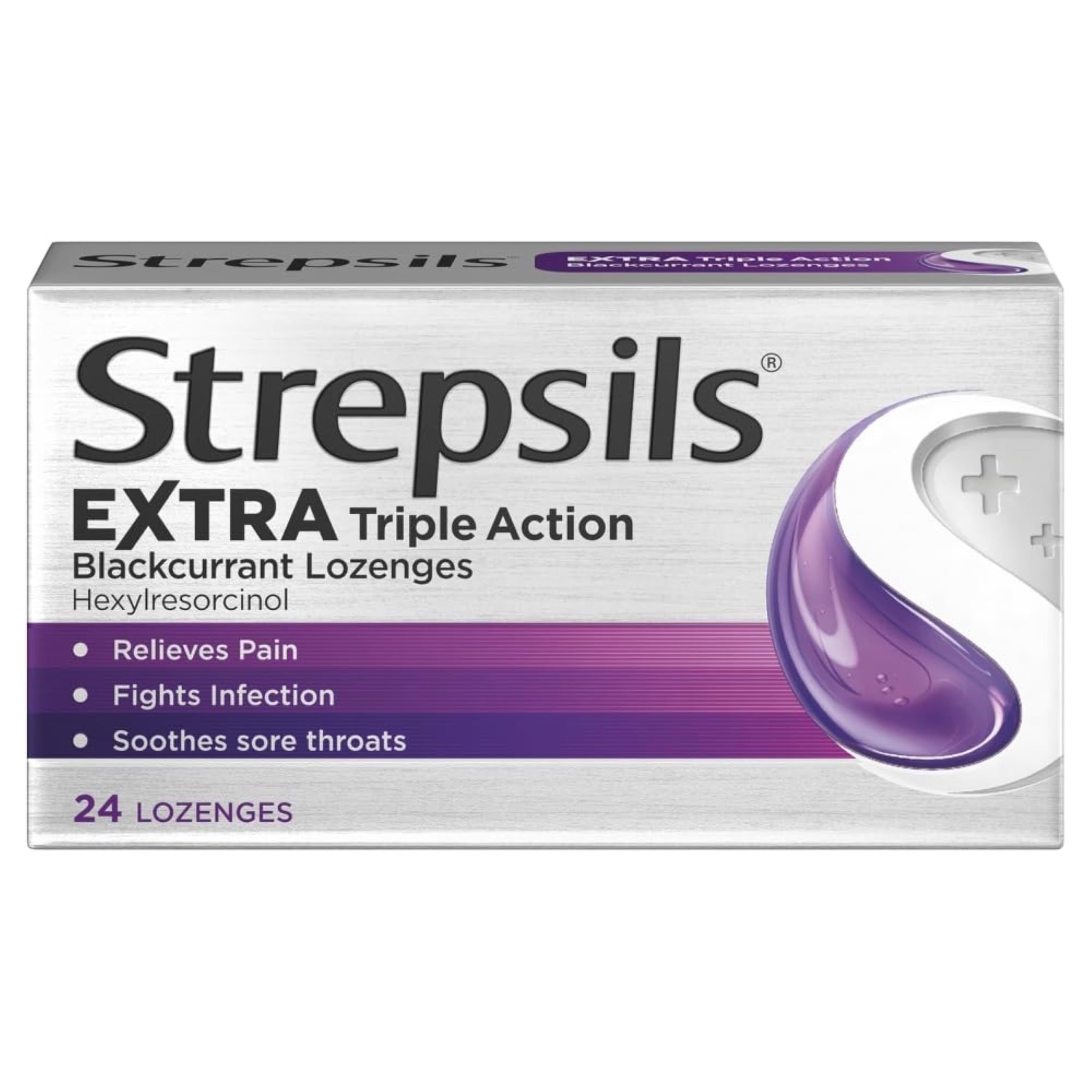Strepsils Extra Triple Action Lozenges, Blackcurrant, 24 Count, Soothes Sore Throat, Pain Relief, Numbs, Relieves Germs, Fast Acting, Up To 2 Hours, Medication
