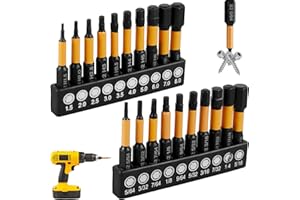 20Pcs Impact Hex Head Allen Wrench Drill Bit Set, SAE and Metric 1/4" Hex-Shank S2 Alloy Steel Hex Bit Kit, 2” Long Magnetic 