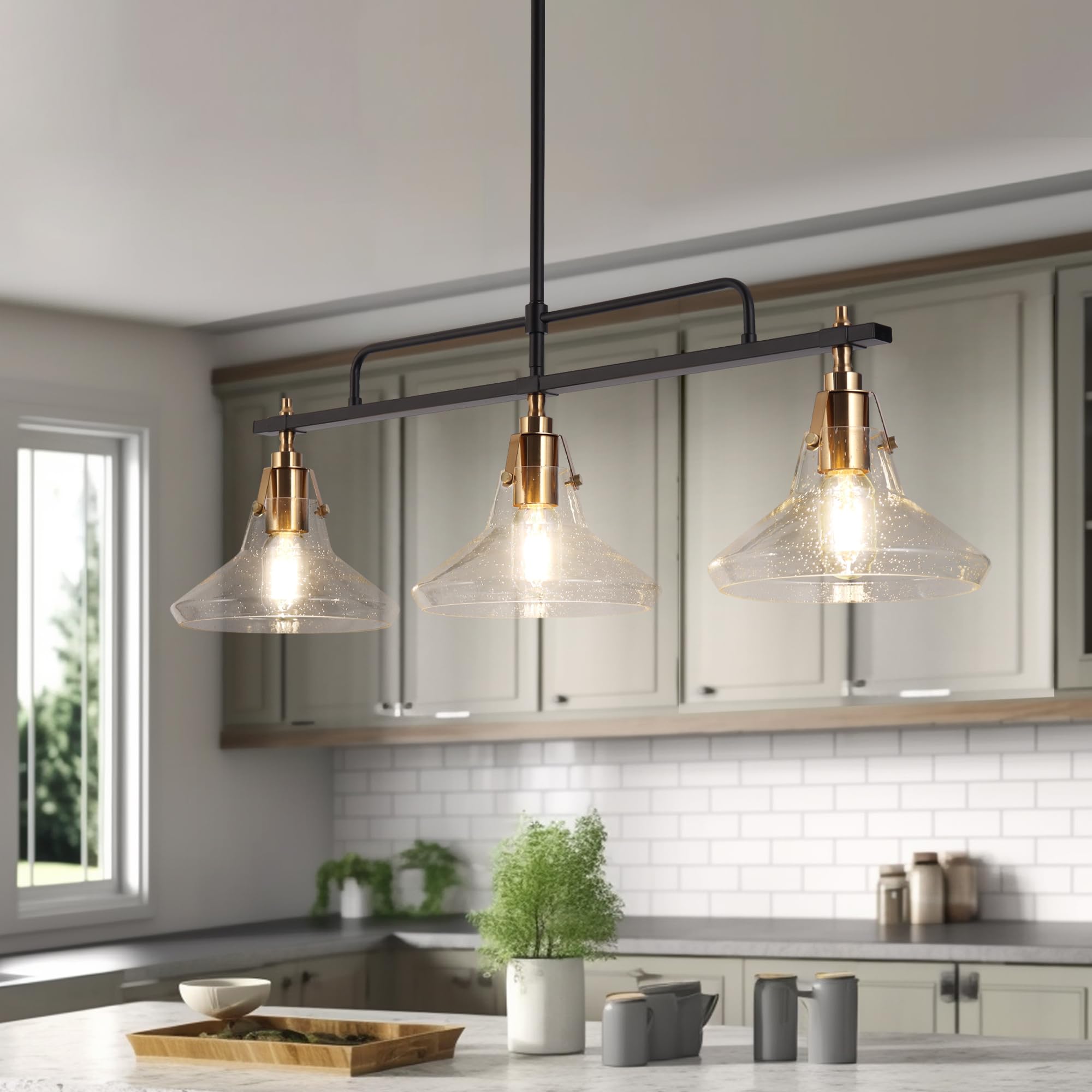 Photo 1 of ***MISSIGN PART*** KSANA Dining Room Chandelier, Black and Gold Linear Chandelier Pool Table Light 3 Light Kitchen Island Lights with Seeded Glass for Dining Room, Kitchen Living Room