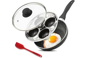 Eggssentials 2 IN 1 Egg Pan & Egg Poacher Pan, Granite Nonstick Fry Pan Poached Egg Maker and Frying Skillet with Lid, Poached Eggs Cooker Food Grade Safe PFOA Free with Spatula, Egg Cookware - 4 Cups
