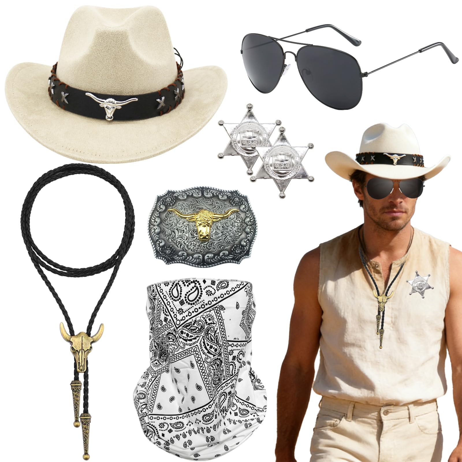Wynlora 8Pcs Western Cowboy Costume Accessories Set, Wild West Cowboy Hat with Paisley Bandana Holster Belt Bolo Tie Necklace & Sheriff Badge for Men Theme Party Halloween Party (White)