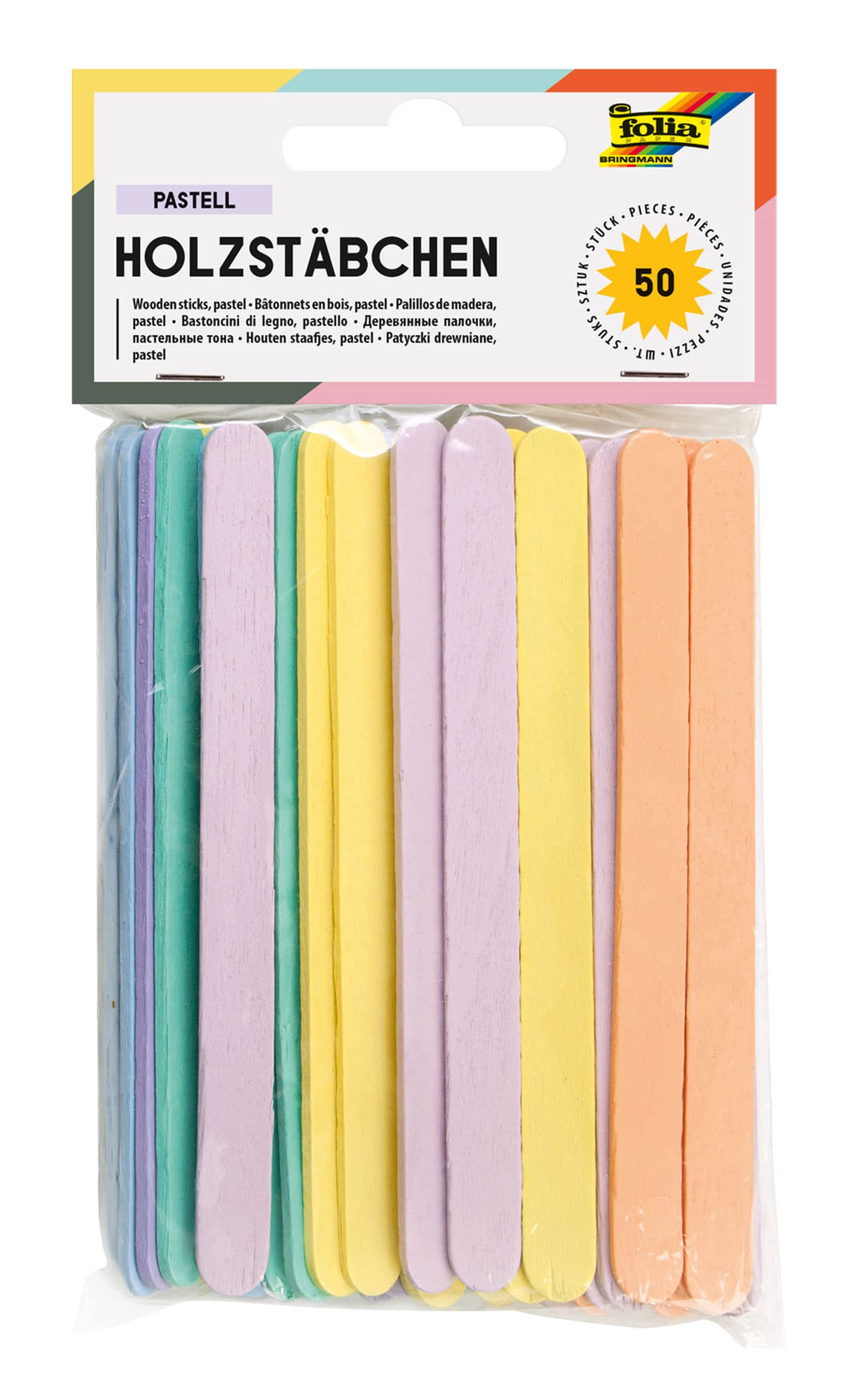 folia 2288 Wooden Sticks Pastel, Approx. 11.4 x 1 x 0.2 cm, Pack of 50, in 6 Different Colours, with Rounded Ends, Ideal for Decorating, Crafts or Learning Numbers, Colourful