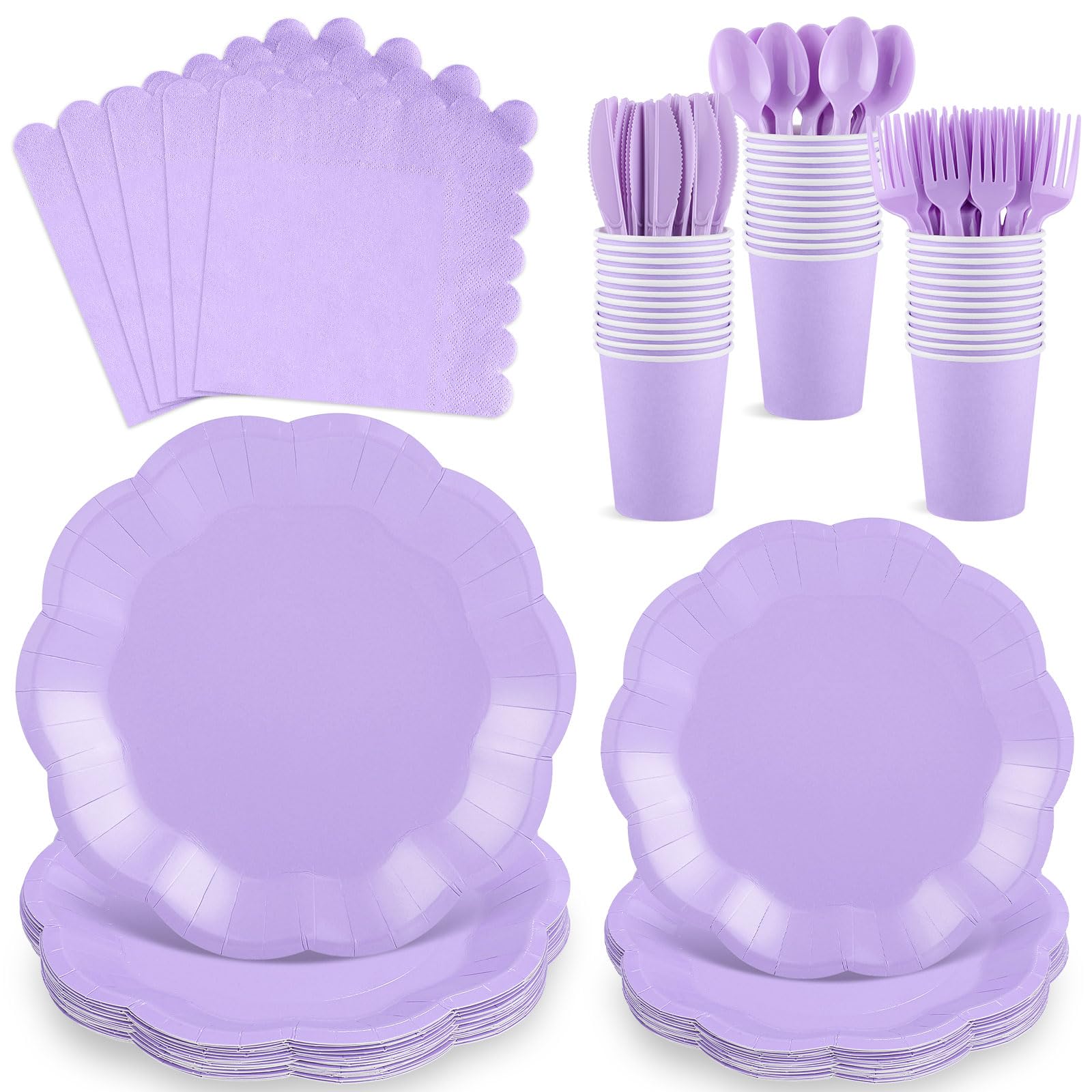 Photo 1 of 175 Pcs Light Purple Plates and Napkins Set, 25 Guest Purple Party Supplies Include Scalloped Plate Paper Napkin Cup Forks Knives Disposable Plastic Cutlery for Wedding Baby Shower Birthday Party