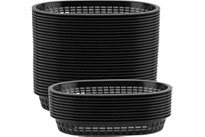MANCHAP 50 Pack Fast Food Baskets, 10.6 x 7 Inches Black Plastic Oval Food Baskets for Hot Dogs, Burgers, Sandwiches, Fries, 