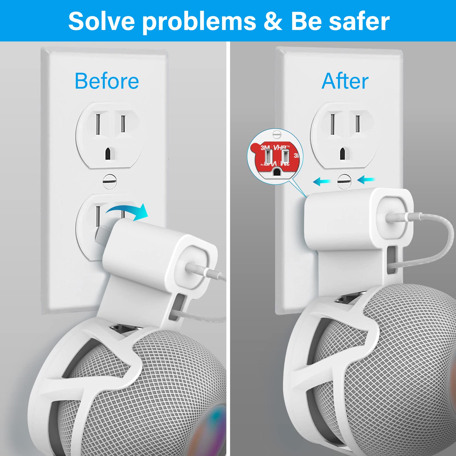volport Loose Outlet Plug Fix, 6Pcs Double Sided Sticky Adhesive Tape for Smart Speaker Stand Wall Mount, 3M Vhb Sticker Use in Adapter Plugs Keep Falling Out of Outlet, Plug Tightener