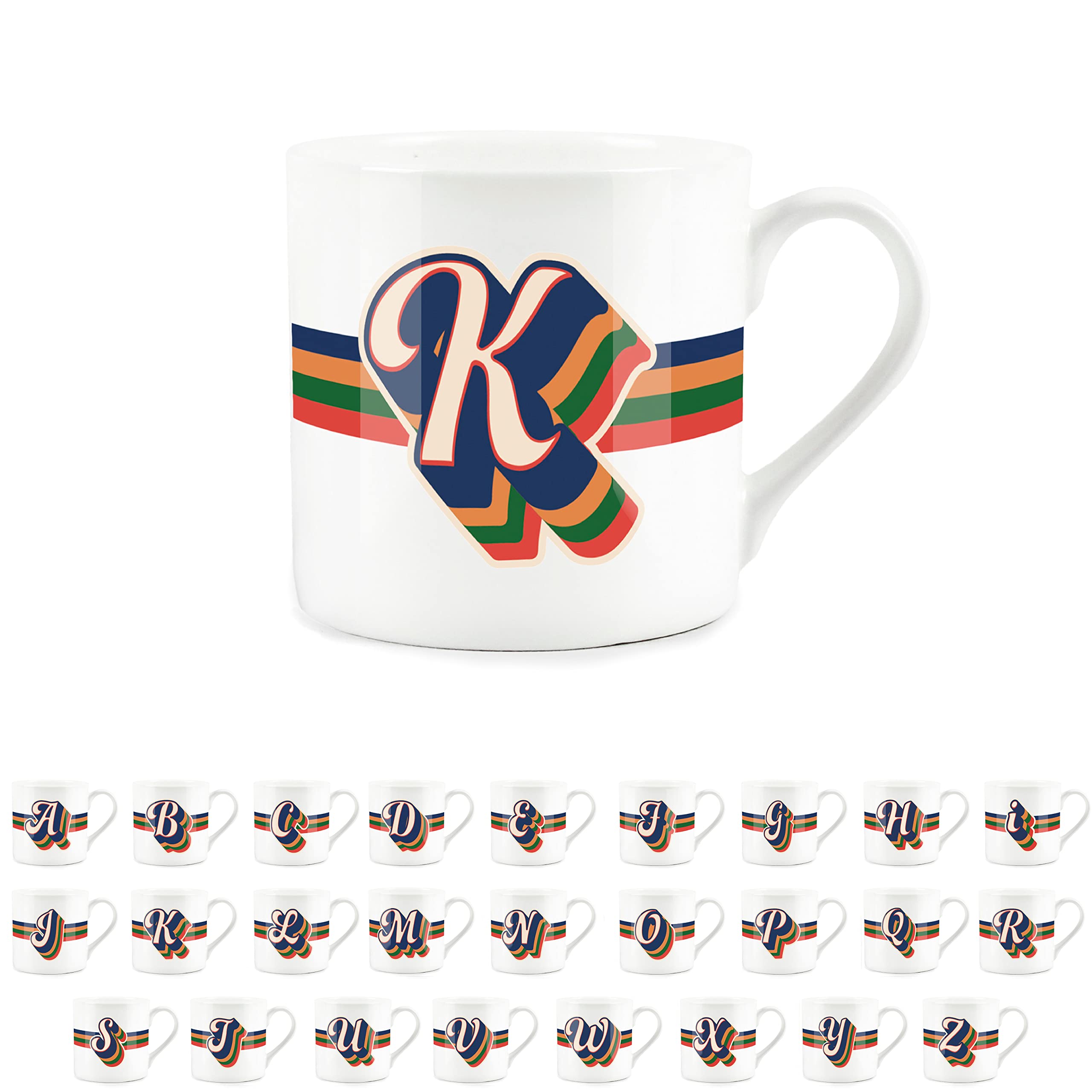 Purely Home Retro Alphabet Letter K Mug - Bone China White Coffee Tea Present Personalised Initial Gift
