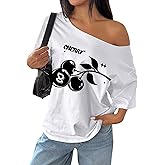 RoseSeek Women's Oversized Off The Shoulder Graphic Letter Print Tees Short Sleeve Summer T Shirts