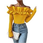 OYOANGLE Women's Long Sleeve Rib Knit Ruffle Off Shoulder Blouse Party Tops Shirt