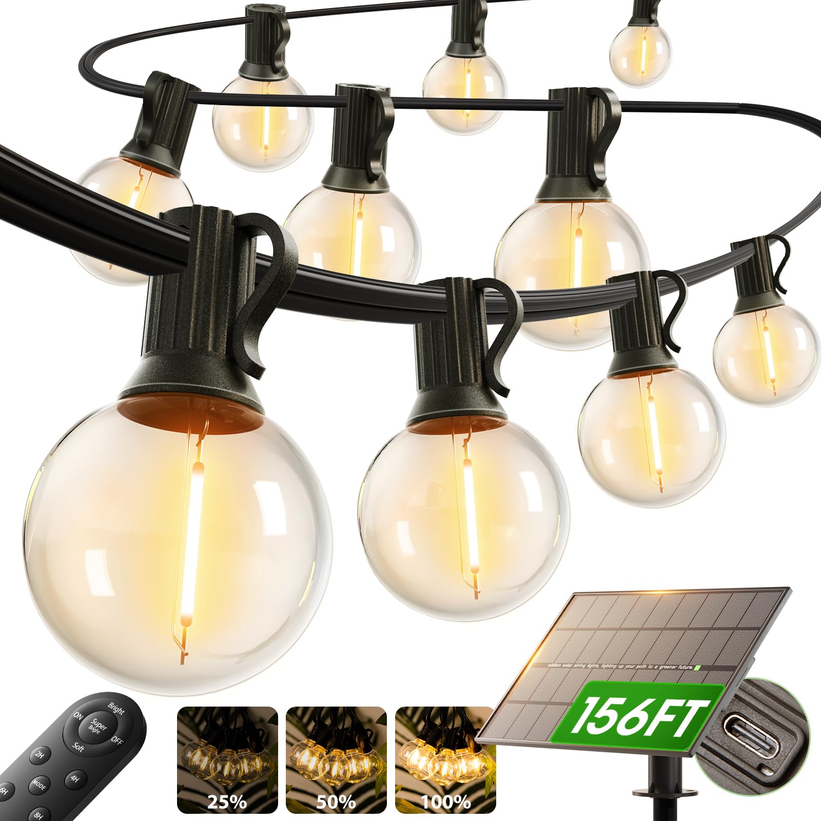 Photo 1 of addlon 150FT Solar String Lights Outdoor Waterproof with Remote, Dimmable Commercial Grade Solar Powered String Lights with 80 LED Bulbs, Hanging Light for Camping Backyard Party Decor