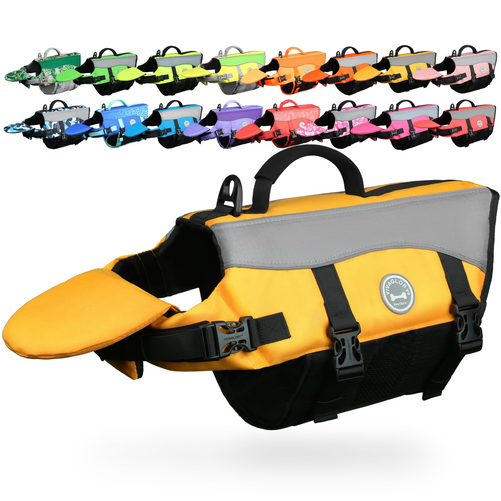 VIVAGLORY Front Float Dog Life Jacket, Dog Buoyancy Aid for Swimming & Boating, Life Vest with Chin Float & Handle, Ripstop & Buoyancy for Doggy, XXS, Yellow