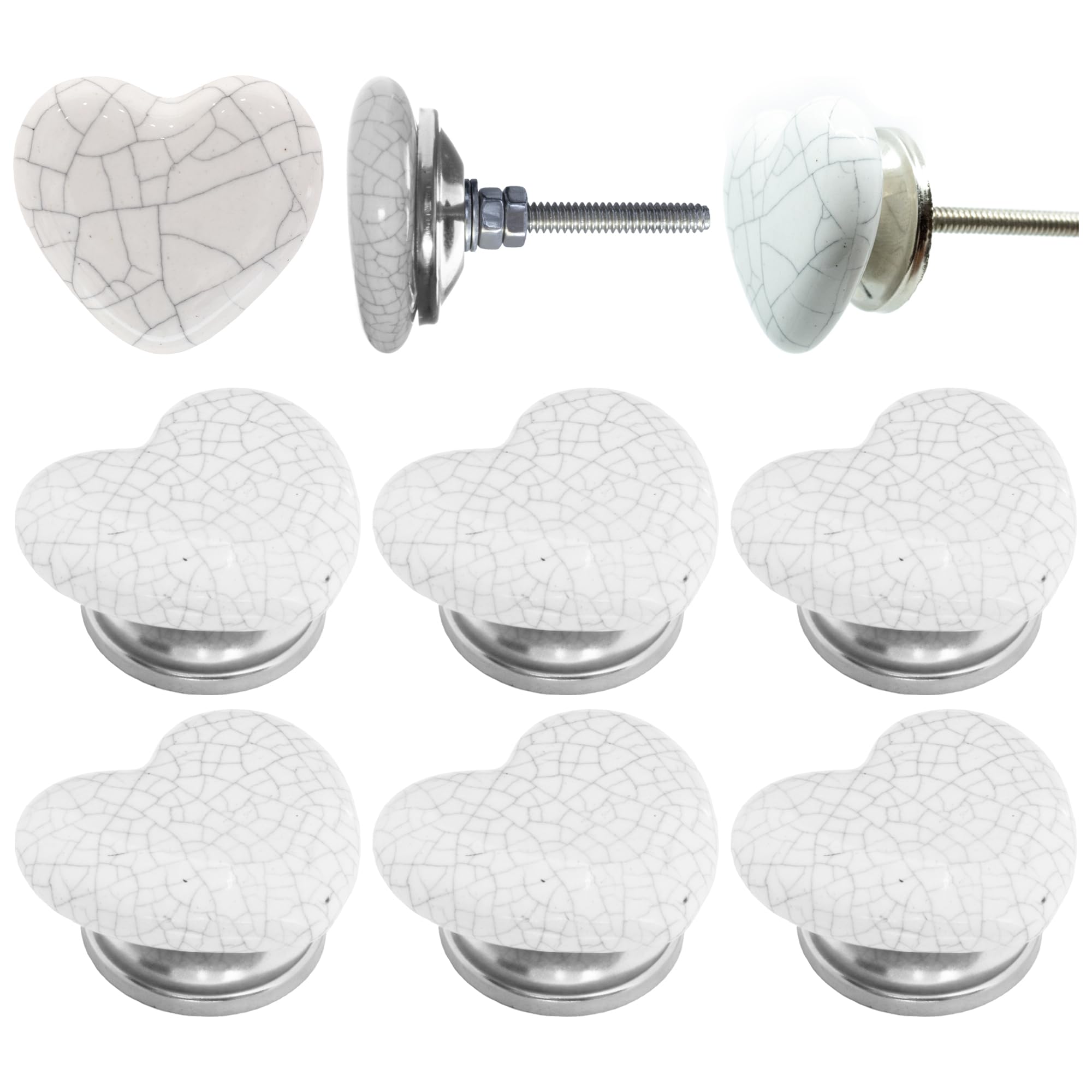 ETHNICITI Pack of 6 Heart White Crackle 40mm Ceramic Door Knobs Vintage Shabby Chic, Wardrobe Cabinet Cupboard Drawer Interior Furniture Pulls Handles Bedroom Dresser Lounge Kitchen