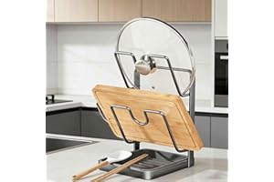 Kitchen Pot Lid Storage Rack, 2-Tier Multifunctional Stainless Steel Pot Lid Holder with Removable Drip Tray While Cooking & 