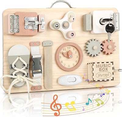 Joyreal Wooden Busy Board for Toddlers 12 Activities Montessori Travel Toy