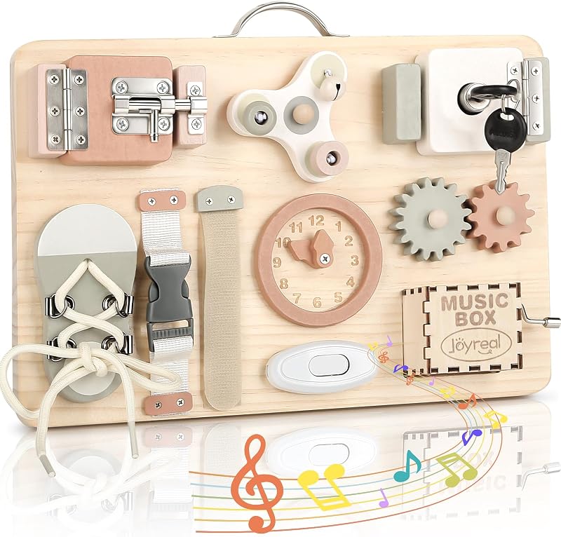 Joyreal Wooden Busy Board for Toddlers 12 Activities Montessori Travel Toy