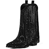 HICLOTSA Cowboy Boots for Women - Cowgirl Western Rhinestone Sparkly Fringe Chunky Heel Pointed Toe Mid Calf Boots