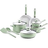 GreenPan Dover Healthy Ceramic Nonstick, 12 Piece Cookware Pots and Pans Set, PFAS-Free, Dishwasher Safe, Comfort Grip Handle, Pastel Green