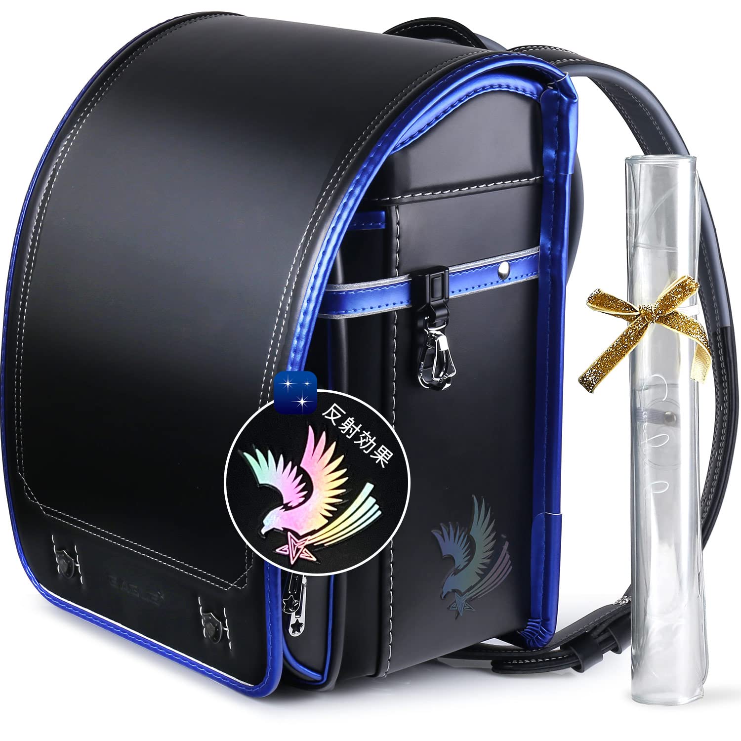 「Coulomb・クーロン」最新 男の子向けランドセル イーグルモデル ボーイズ 通学用バッグ 人工皮革 虹色反射 大容量 A4フラットファイル対応 軽量 人気 お洒落 入学祝い品 3色展開 日本スクール専用バッグ japanese schoolbag boys schoolbag (Black+Blue)商品画像