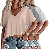 Huukeay 3 Pack Oversized T Shirts for Women Short Sleeve Crop Tops V Neck Irregular Hem Baggy Cropped Tees