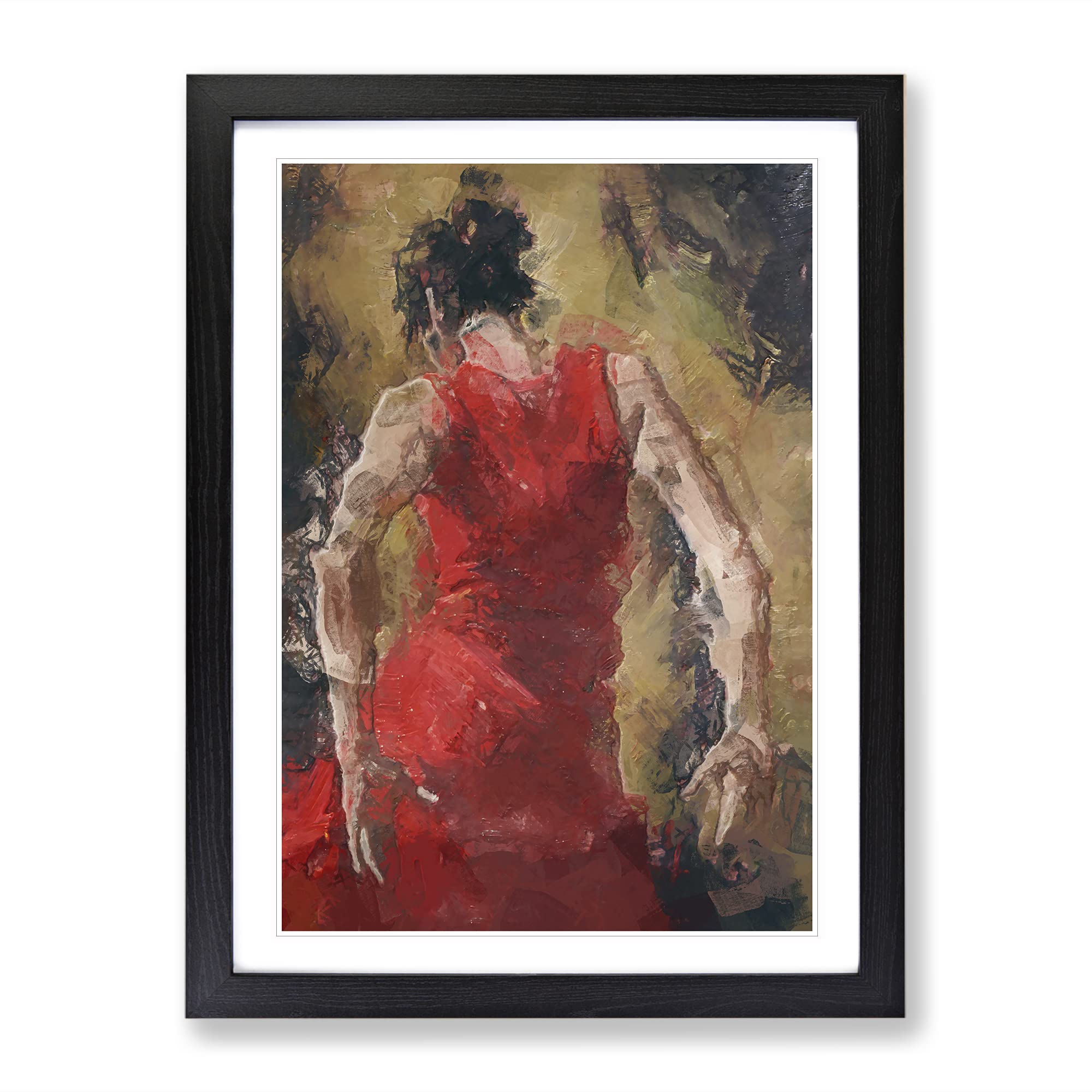 Spanish Flamenco Dancer In Abstract Modern Framed Wall Art Print, Ready to Hang Picture for Living Room Bedroom Home Office Décor, Black A4 (34 x 25 cm)