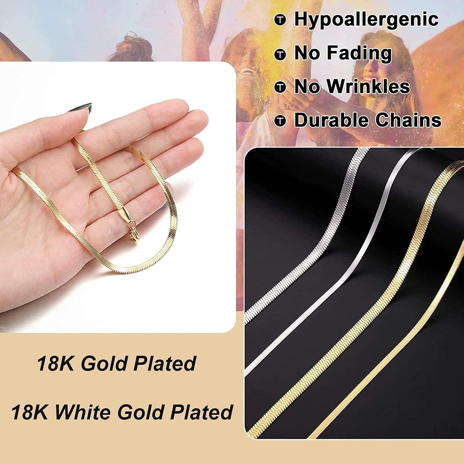 RWQIAN 18K Gold Flat Wide Necklace for Girls Snake Chain Necklace for Women Herringbone Link Necklace Snake Choker Jewelry Gift for Women Girls (Silver Width 0.12inch, 18): Clothing